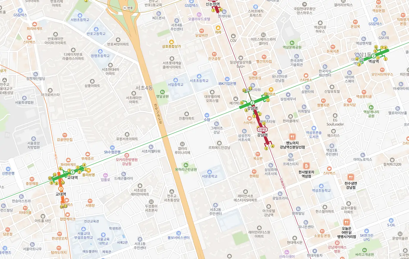 네이버 지도에서 저장한 서울 강남역 일대 지도